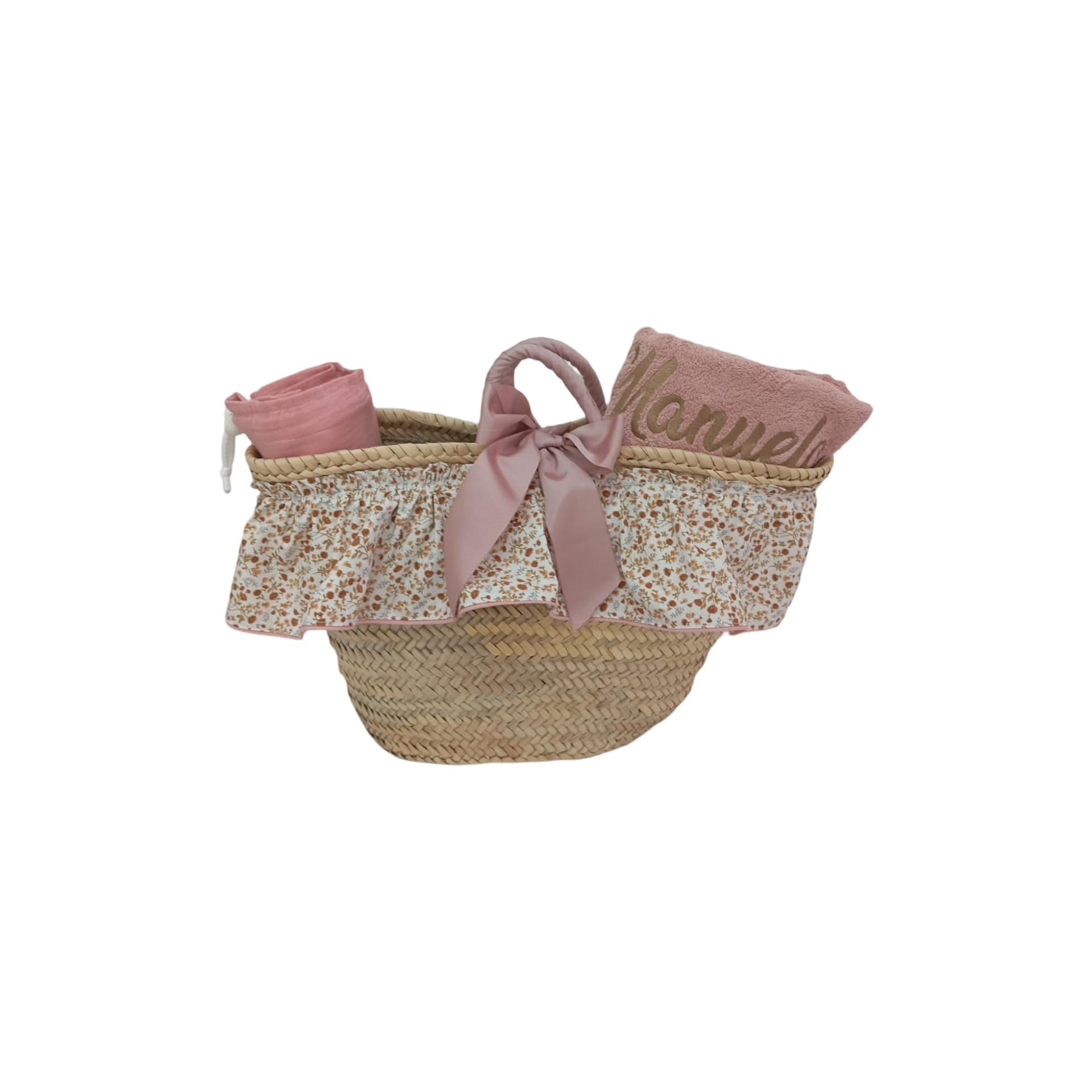 Capazo Mimbre, Toalla de Playa, Bolsa bañadores Personalizado para niña - Conjunto piscina infantil con nombre - 3 piezas (Flores Liberty/Rosa Maquillaje)
