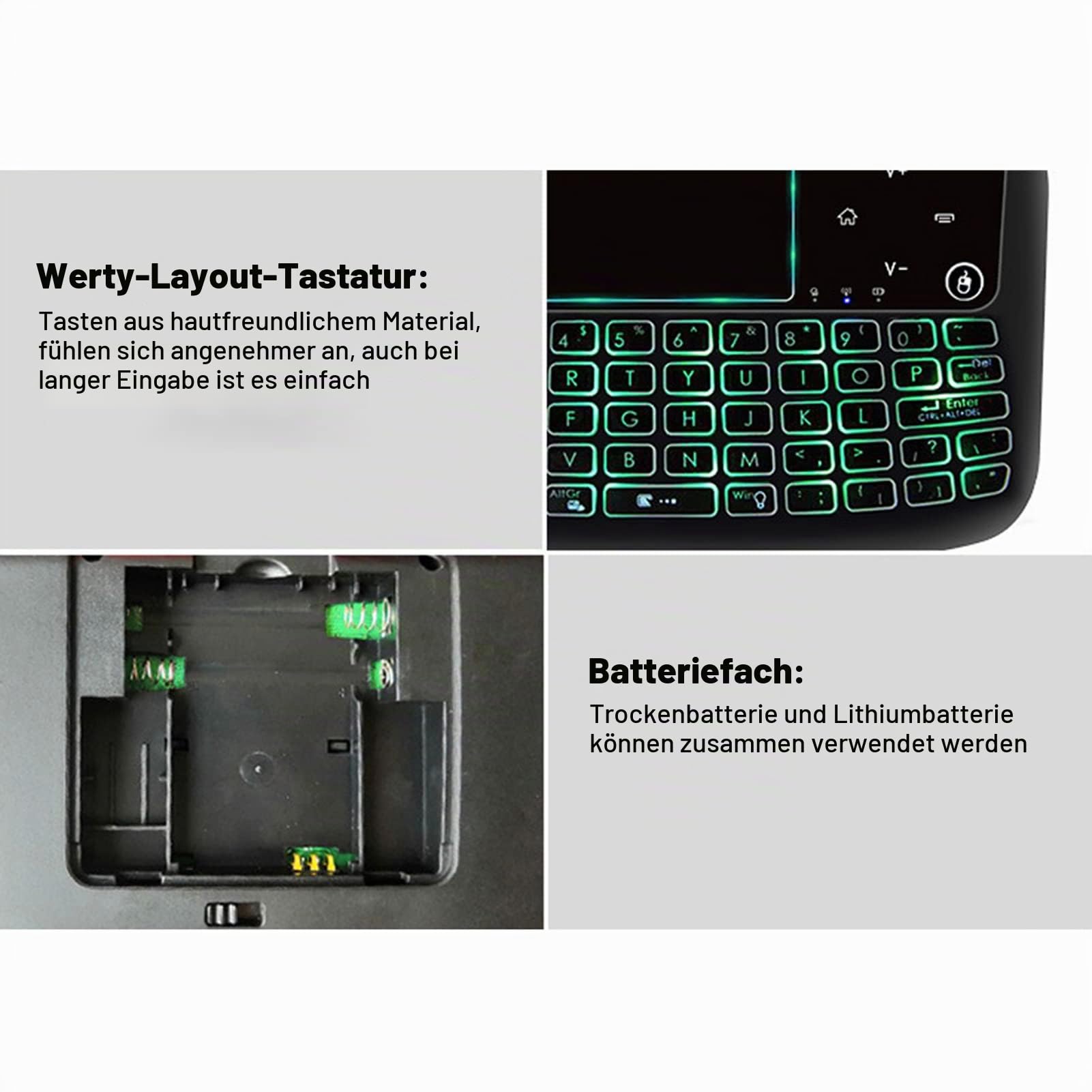 Denash 2,4 GHz Wireless-Tastatur, Hintergrundbeleuchtung Touchpad-Tastatur Fernbedienung Maus-Tastatur mit USB-Empfänger für PC, Laptop, Smart TV, HTPC