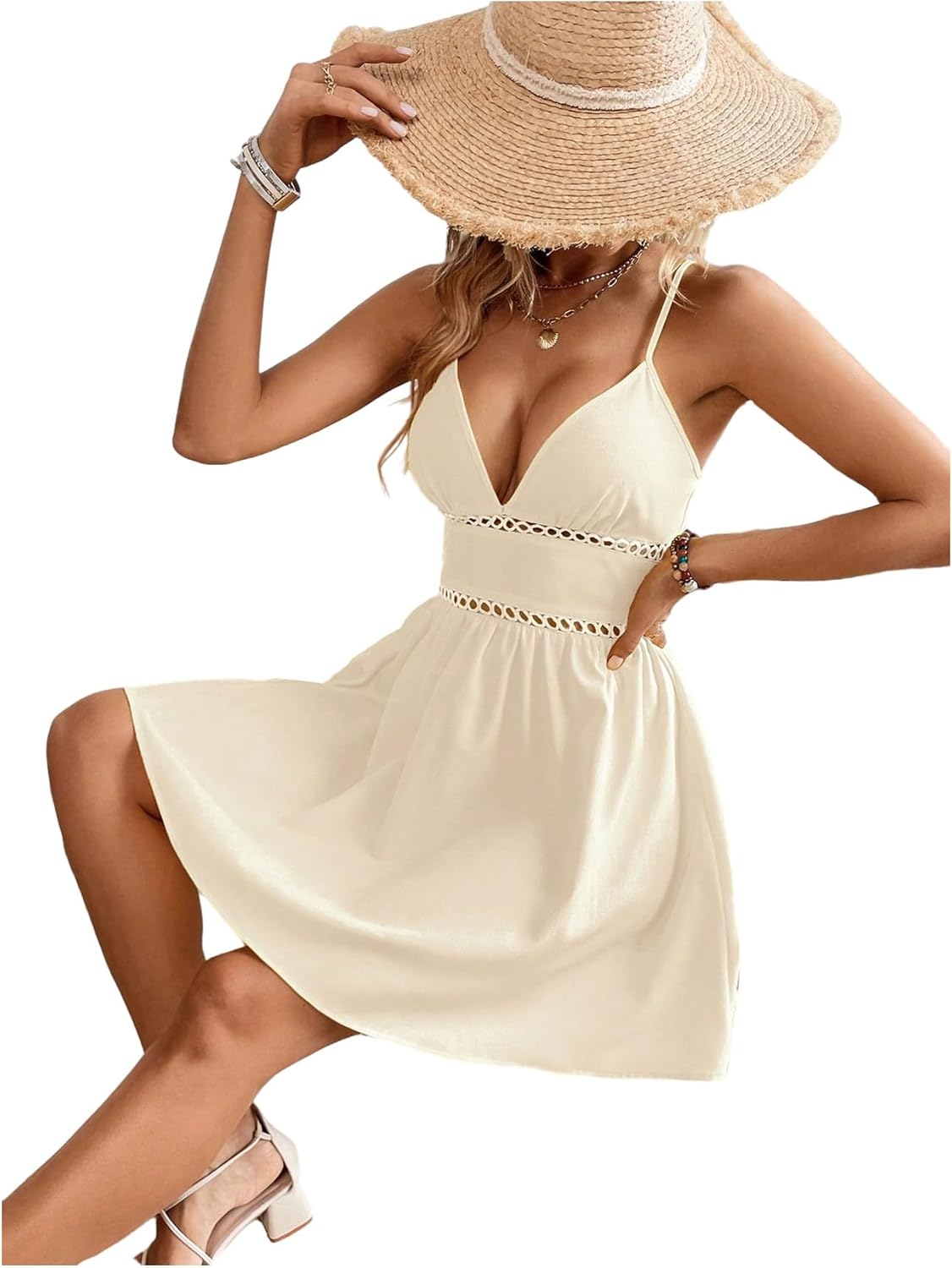 SweatyRocks Women's Contrast Lace V Neck Sleeveless Dresses Summer Halter A Line Swing Cami Dress - Image 6