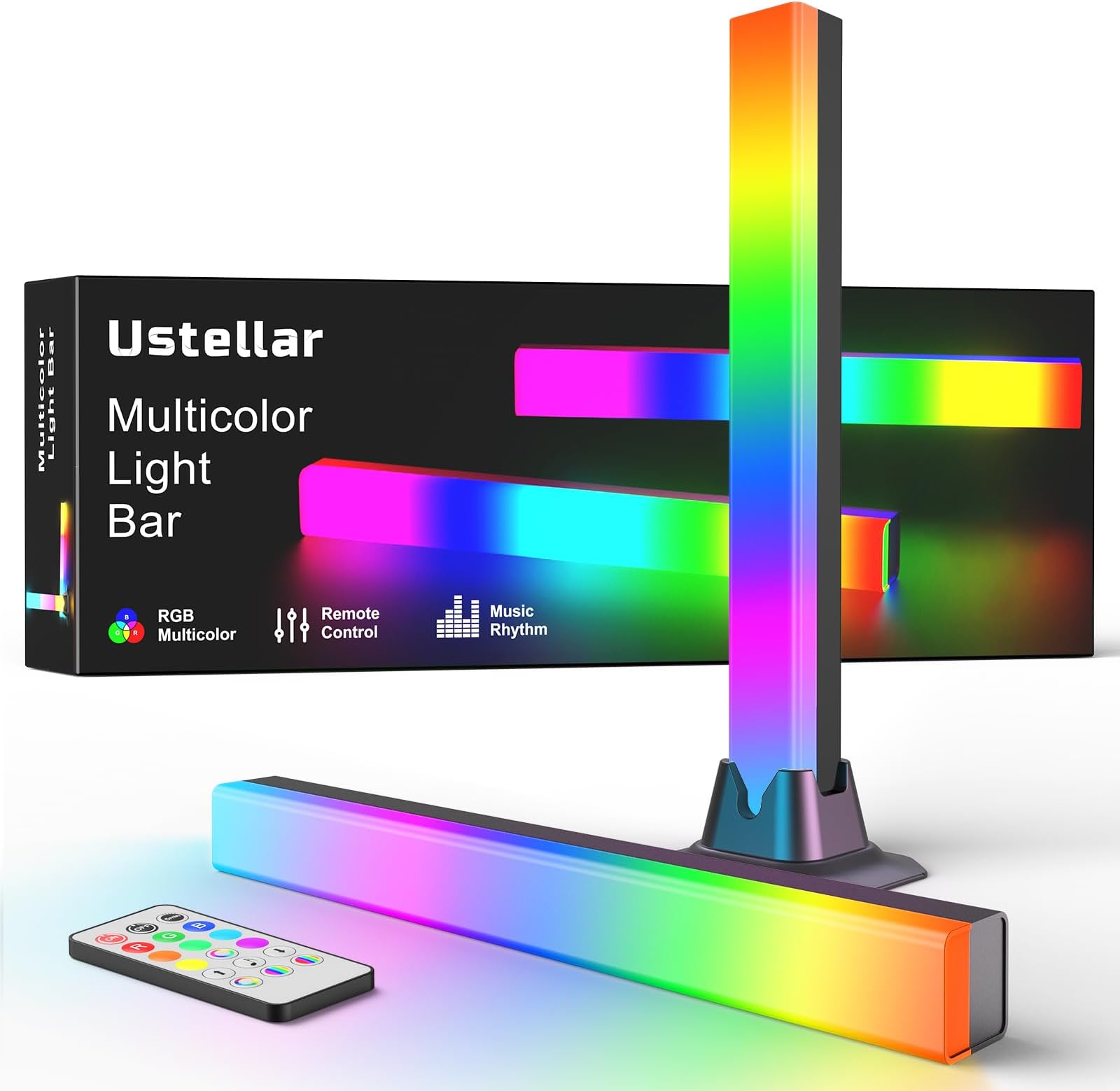 Ustellar RGB Light Bar Sync with Music, Colour Changing Gaming TV Backlight with Remote, USB Powered Ambient Lamp, 8 Dynamic Modes for Room Decor 2pcs