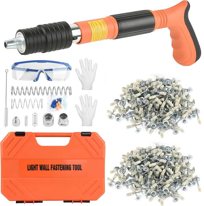 Clavadora de Hormigón, Pistola de Clavos Manual con 5 Velocidades, Clavadora Pistola de Remaches con 200 Clavos Redondos, Mini Pistola de Clavos Portátil para Paredes de Cemento, Madera, Techo, Casa
