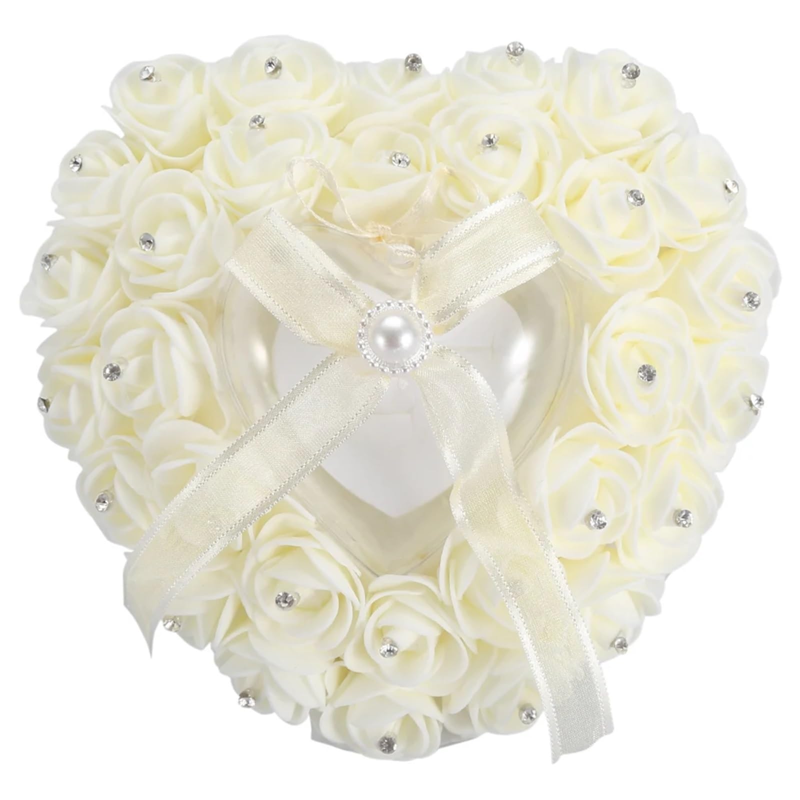 CGRSDSD Ring Bearer Pillow Romantic Heart Shaped Wedding Ring Box Rose Rhinestone Decor Ring Pillow Cushion(Beige)