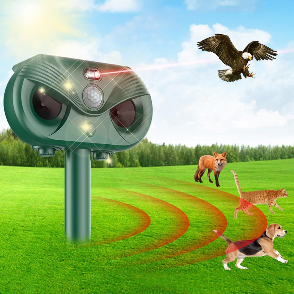 Répulsif Ultrason Solaire 2-en-1 – Chats, Oiseaux, Rats, Renards – Avec LED Et Détecteur !