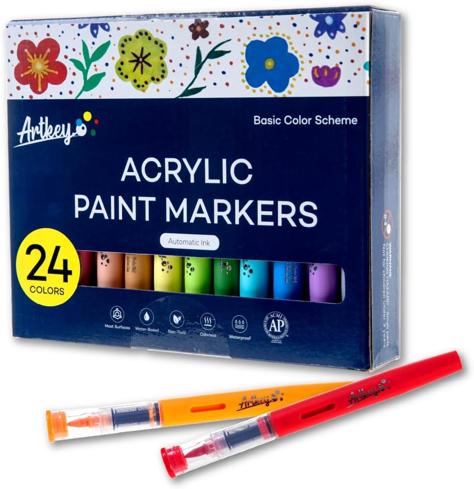Artkey Acrylic Paint Markers 60 Colors, Direct-Liquid Acrylic Paint Pens with Flexible Brush Tip for Rock Painting, Wood, Canvas, Glass, Ceramic, Fabric, DIY Crafts