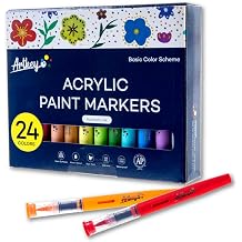 Artkey Acrylic Paint Markers 24 Colors, Direct-Liquid Acrylic Paint Pens with Flexible Brush Tip for Rock Painting, Wood, Canvas, Glass, Ceramic, Fabric, DIY Crafts
