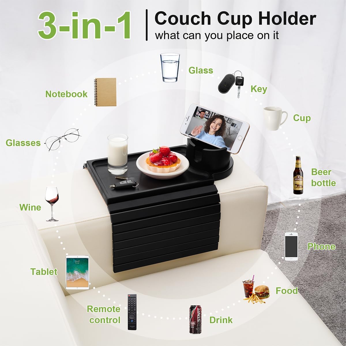 Couch Cup Holder Tray - 3 in 1 Sofa Arm Tray with 360° Rotating Cup Holder & Phone Stand,Fits Various Couches Arm Widths - Anti-Slip Foldable Couch Arm Tray for Snacks, Cellphone Remote