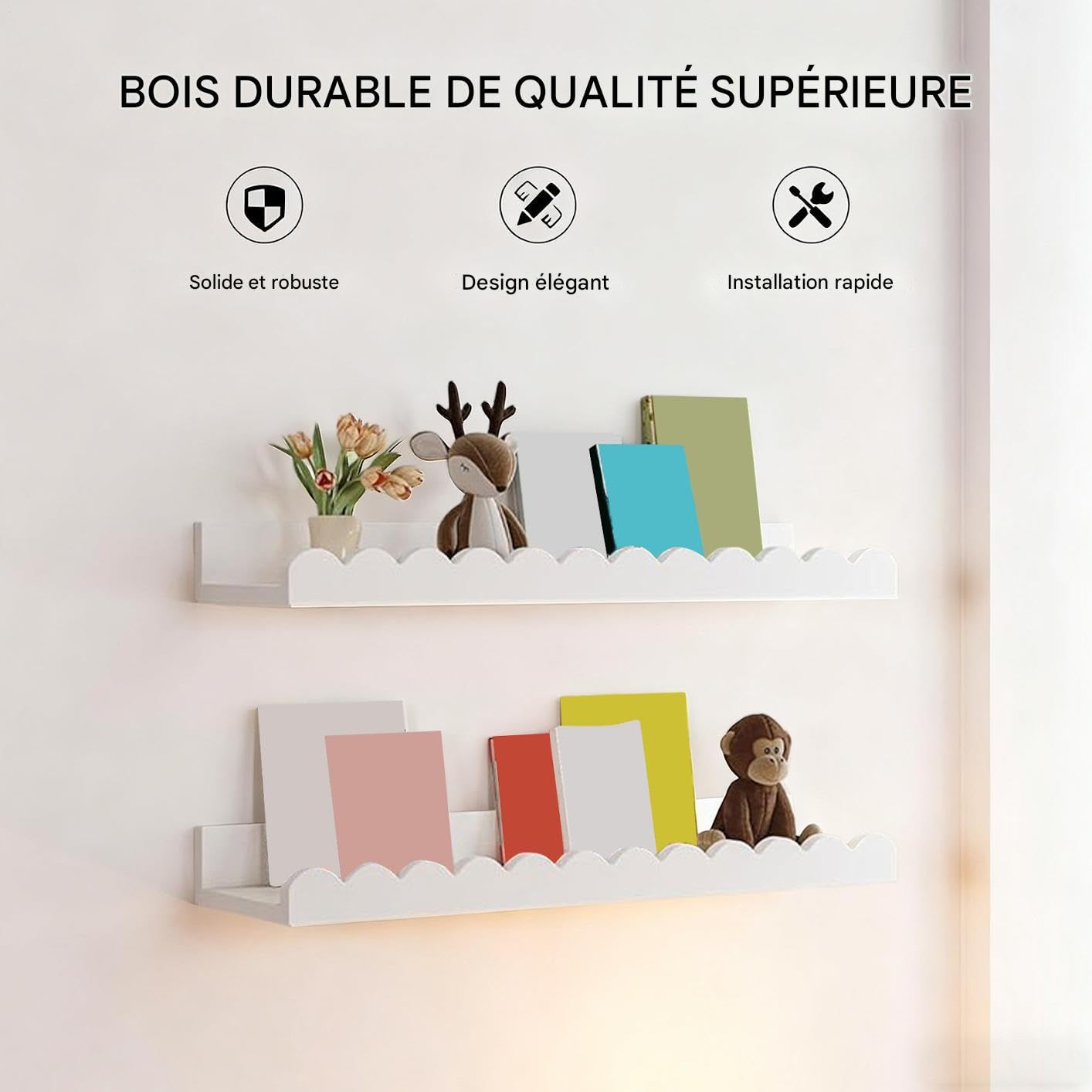 Étagères Flottantes - 2 Étagères Murales Festonnées pour Organisation - À Livres Flottantes en Bois - pour Chambre d'enfant Salle De Bains Cadres Photo Chambre De