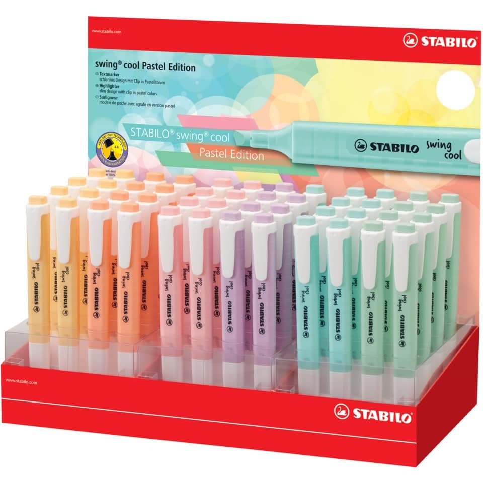 Fluorescentes marca STABILO modelo Stabilo Swing Cool Pastel Expositor de 48 Marcadores Fluorescentes - Cuerpo Plano - Punta Biselada - Trazo entre 1 y 4mm - Tinta con Base de Agua - Colores Surtidos