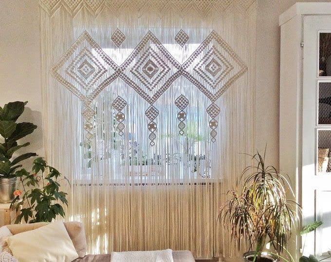 R.R.LALA TSS M Handicraft Macrame Door Curtain I Large Wedding Backdrop Wall Hanging Tapestry White I Macrame Window Curtain I Outdoor Backyard Party Home Decor ( L'80 X W' 40 Inch ),Eyelet-image-41