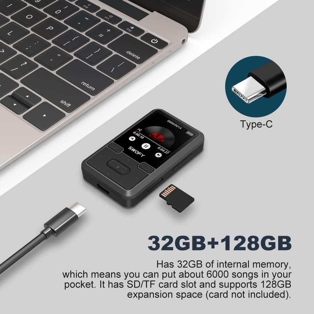 SWOFY Lettore MP3 Bluetooth 5.0 con clip sportiva, mini lettore musicale portatile da 32 GB, con cuffie, radio FM, contapassi, registrazione vocale, supporta scheda SD fino a 128 GB (nero)