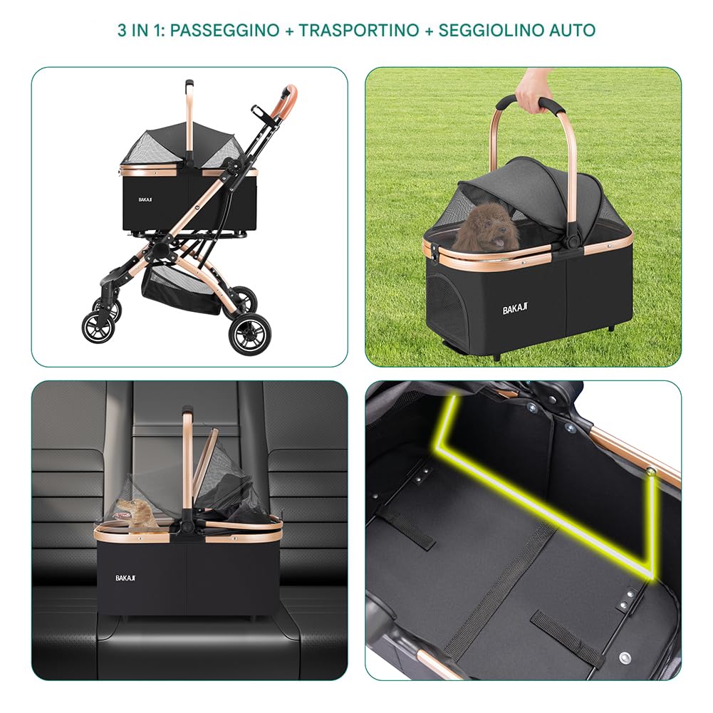 BAKAJI Cochecito para perros y gatos 2 en 1 con capazo extraíble y cierre ahorra espacio, cochecito para mascotas con cápsula transportín extraíble y techo abatible, peso máx. 50 kg (negro)