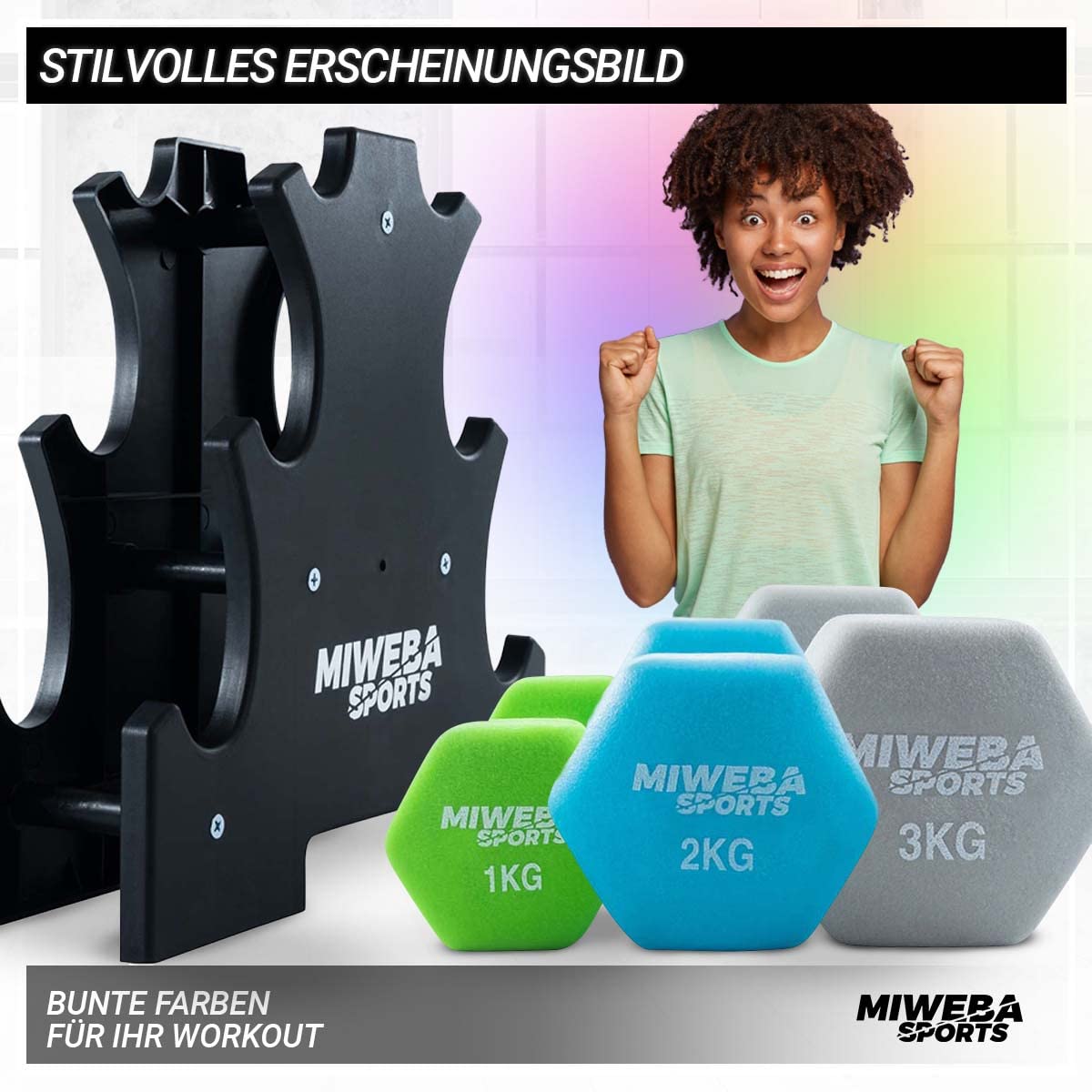 Miweba Sports Hanteln Set Neopren & Vinyl NKH120 - Kurzhantel Set 2 x 1 kg | 2 x 2 kg | 2 x 3 kg | 𝐏𝐫𝐨𝐟𝐢 Hantel Gewichte - Hexagon Kurzhanteln inkl. Hantelständer - Hantelset - Kurzhantelset