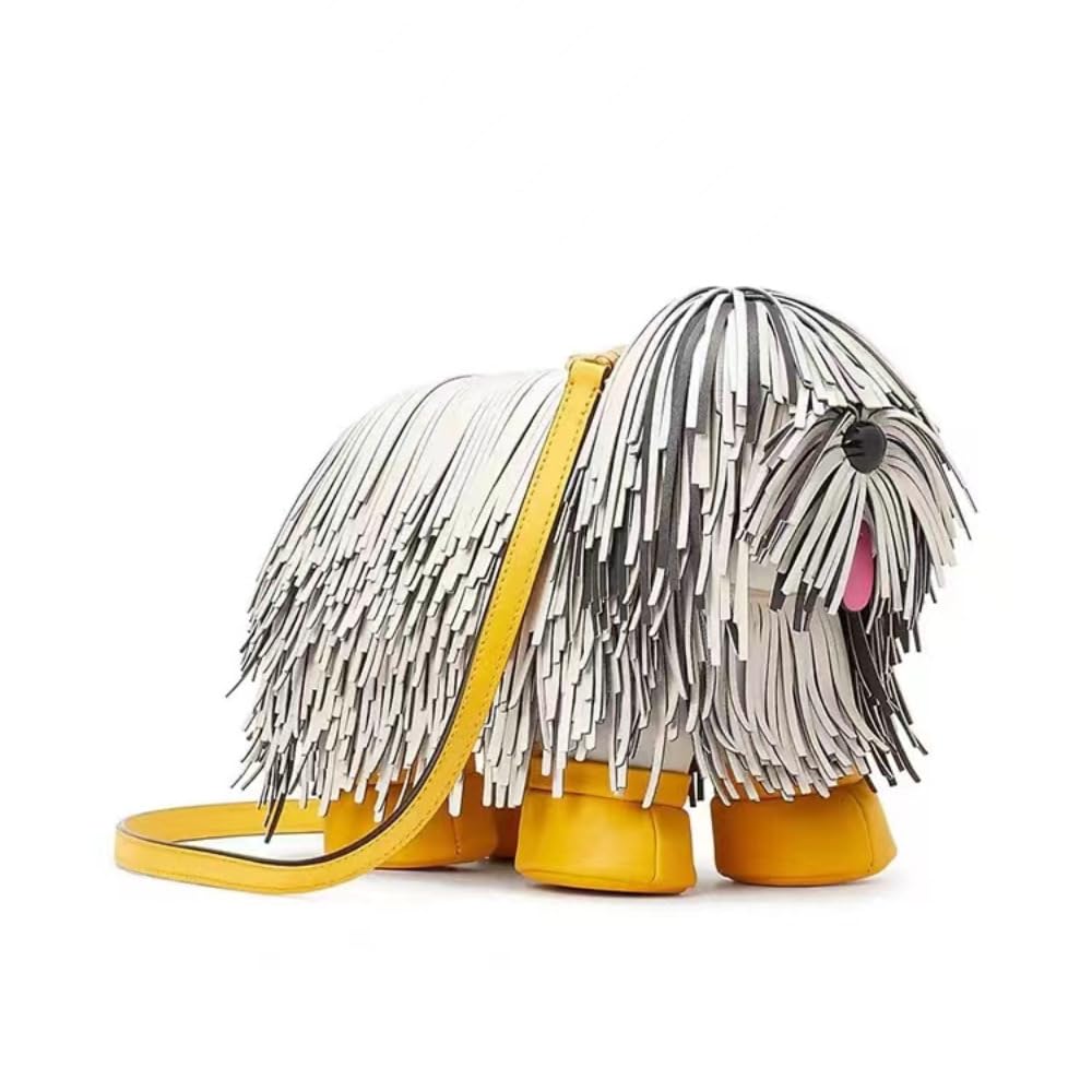 Novelty Fluffy Shepherd Dog Crossbody Bag, White Plush Puppy Shoulder Handbag with Zipper, 10.2x7x2.2 inches