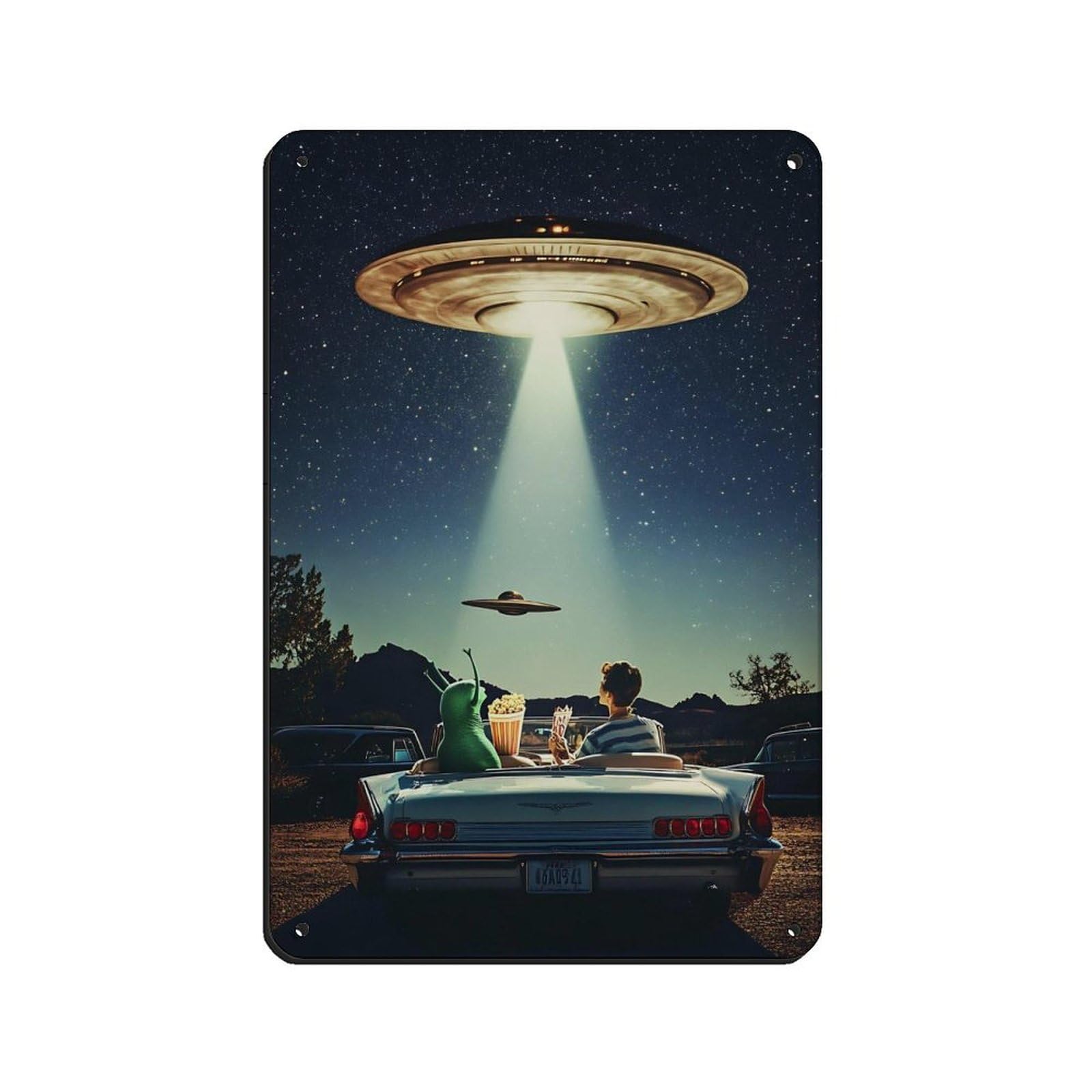 UFO Alien And Human in Classic Car Retro Poster Metal Tin Sign Chic Art Retro Iron Painting Bar People Cave Cafe Family Garage Poster Wall Decoration 8x12inch(20x30cm)