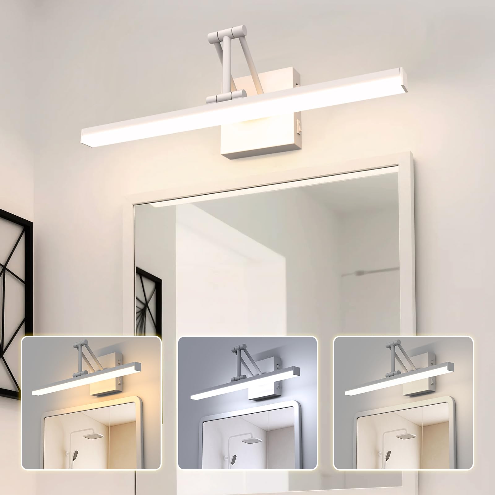 Sytmhoe 12W Spiegellampe Bad 3000K 4500K 6500K Mit Faltbar Teleskophalterung, 48.5CM 960LM Badezimmer Wandleuchte Weiß, Aluminium Korridor Bildleuchte Spiegelleuchte Mit Schalter Bett Wand Leselampe
