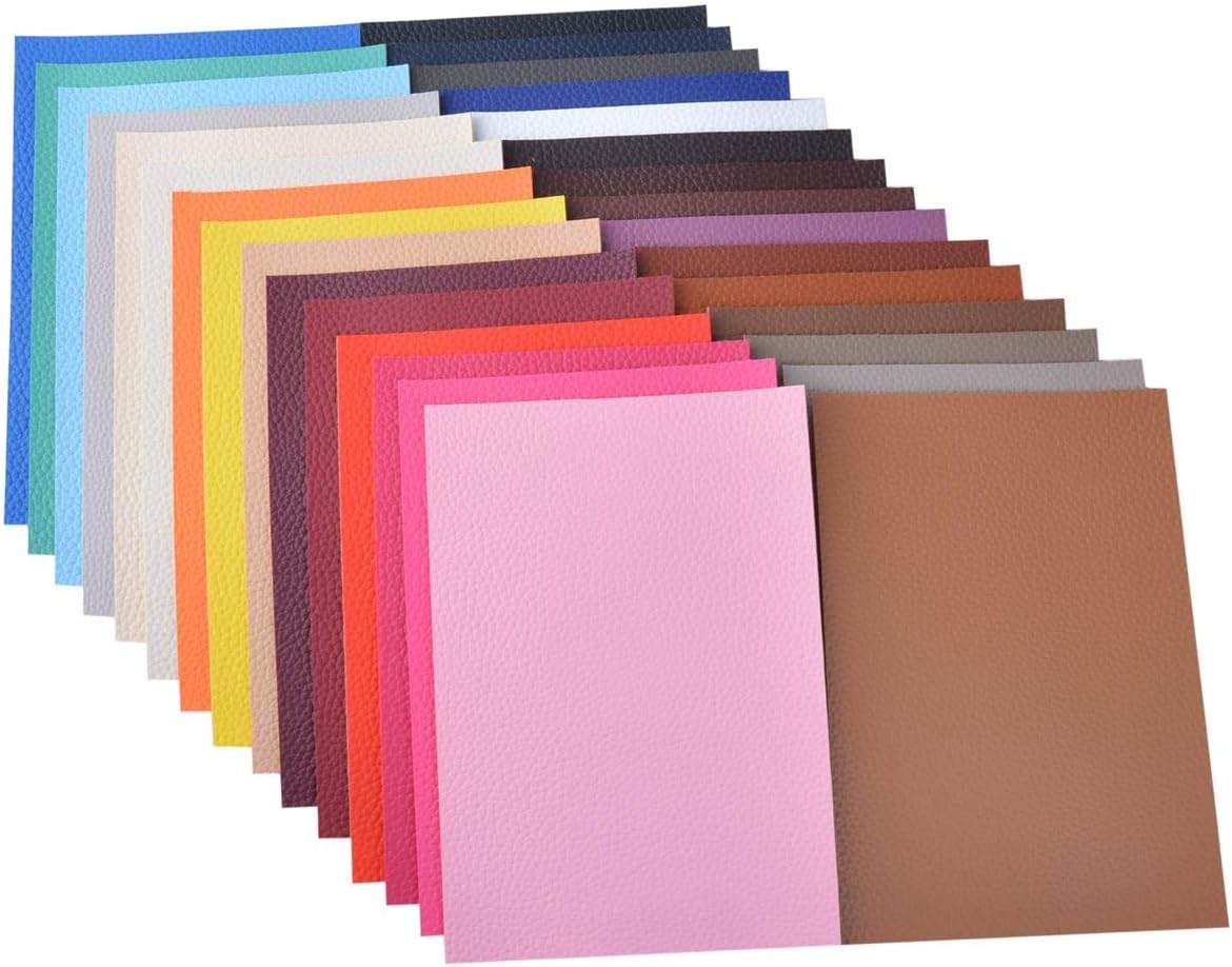 30 Pieces 6x8 Incn 1.2MM Thickness Litchi Grain Texture Synthetic Faux Leather Fabric Sheets Cotton Back for Making Hair Bows, Earrings, 30 Color Each Color Half Sheet