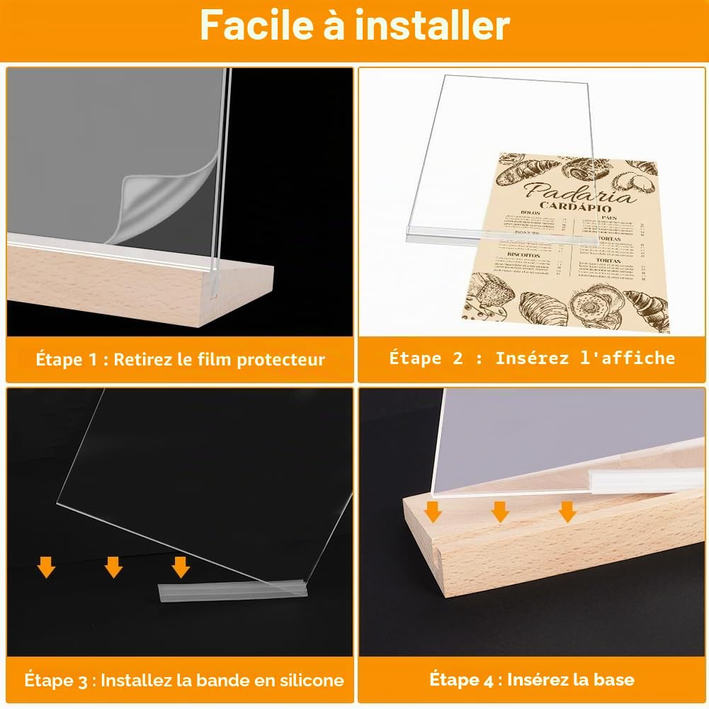Lot de 3 Présentoirs de Table, Porte-Affiches en Acrylique A5 Support pour Menu,Porte Menu avec Base en Bois, Acrylique Transparent Plexi A5 pour Restaurant Hôtel école Bureau Conférence-L