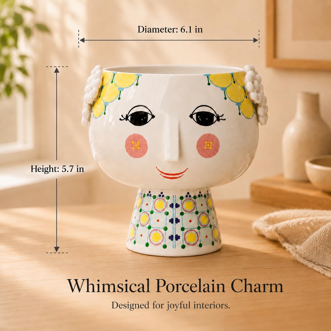 Bjørn Wiinblad Übertopf mit Fuß Ø15.5 cm Eva verspielte Details für Blumen, gelb