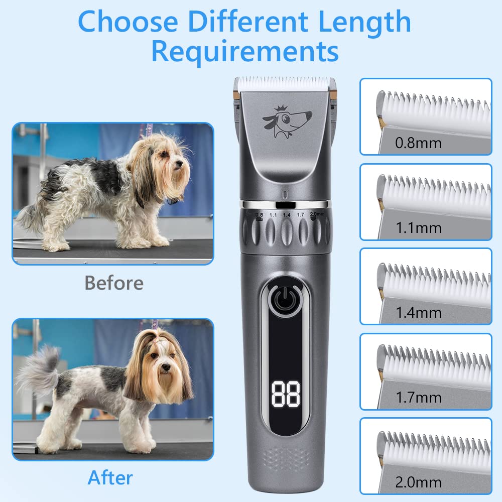Pet Clipper, akumulatorowa maszynka do strzyżenia, maszynka do strzyżenia psów z zestawem do pielęgnacji psów, inteligentny wyświetlacz LCD, prędkości 5, odległości cięcia 4 (srebro)