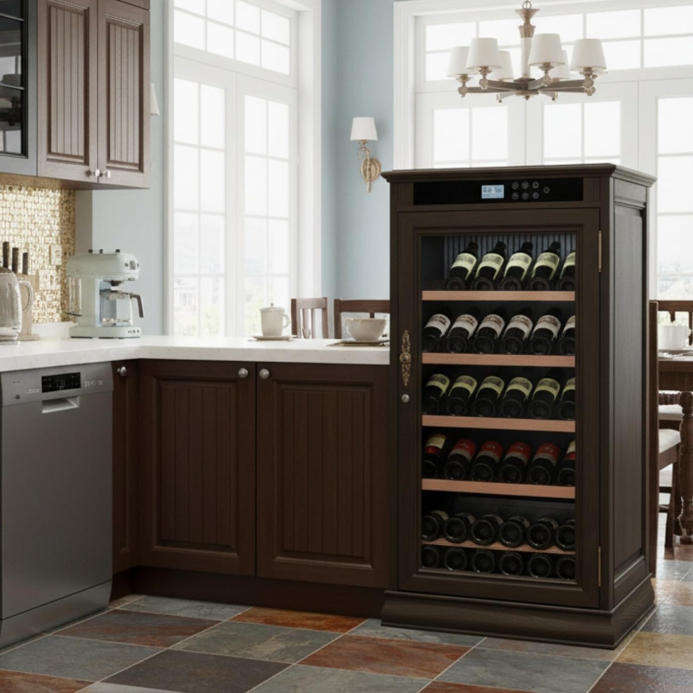 Relaxcabine 69-Bottle Wine Cooler LED Touchscreen Coffee Wood Exterior