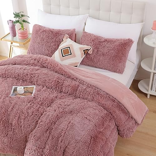 Smoofy Fluffy Queen Comforter Set, Faux Fur Comforter Set Queen Size, Luxury Fuzzy Bedding Set, Soft Shaggy Bed Set for All Season, 3 Pieces - 1 Comforter & 2 Pillowcases, Violet Pink
