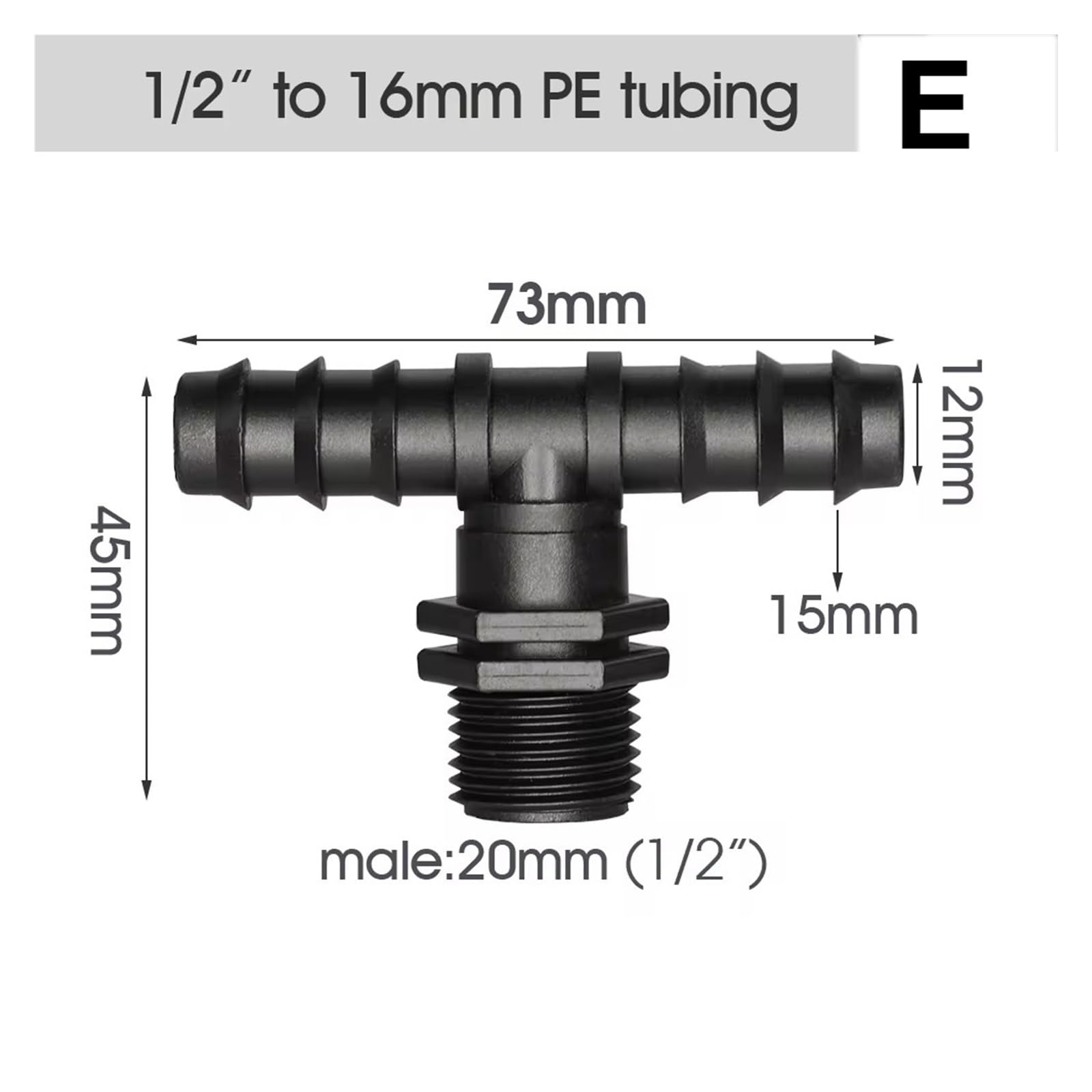 Adaptador de conector PE 16MM, manguera jardín 1/2 ", codo púa tubo, válvula enchufe extremo en T, Fitt for invernadero, 10 Uds(E)