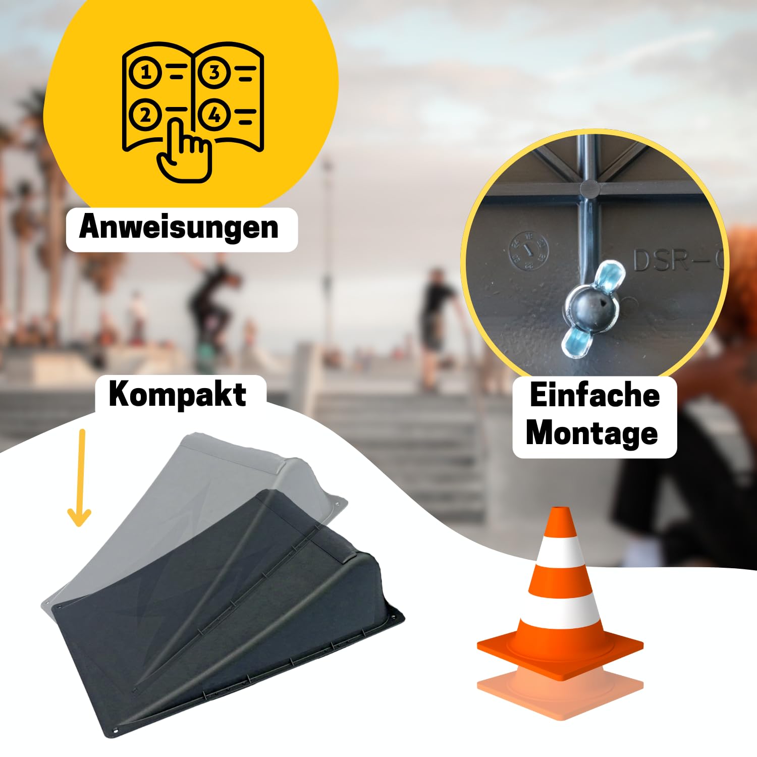 BEST SPORTING Rampen-Set Mit 4 Pylonen für Skateboard/BMX-Rad/Skater & RC Cars I 4+1-teilige Flexible Aufbaumöglichkeiten I Stabile Skateboard Rampe I Hochwertige Scooter