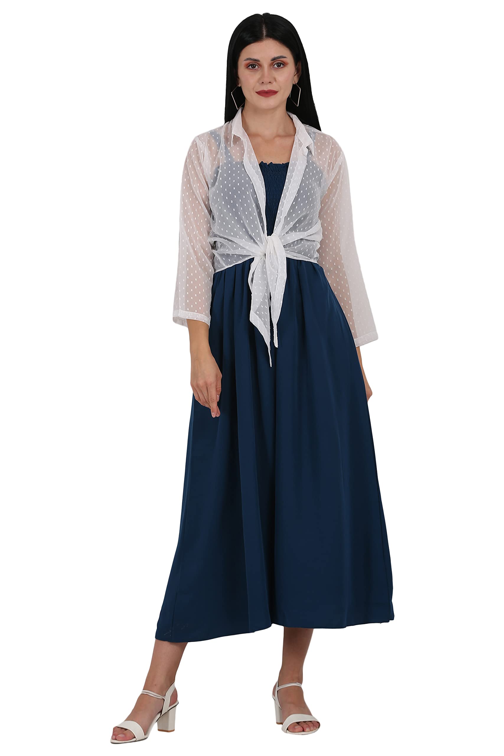 Milkyway Women Fashionable Maxi Dress and White booti Shrug Set (Blue_S)