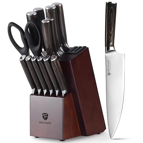 BRODARK Juego de cuchillos de cocina con bloque ultra afilados 15 piezas de acero inoxidable alemán juego de cuchillos de chef profesional con BRODARK Juego de cuchillos de cocina con bloque ultra afilados 15 piezas de acero inoxidable alemán juego de cuchillos de chef profesional con