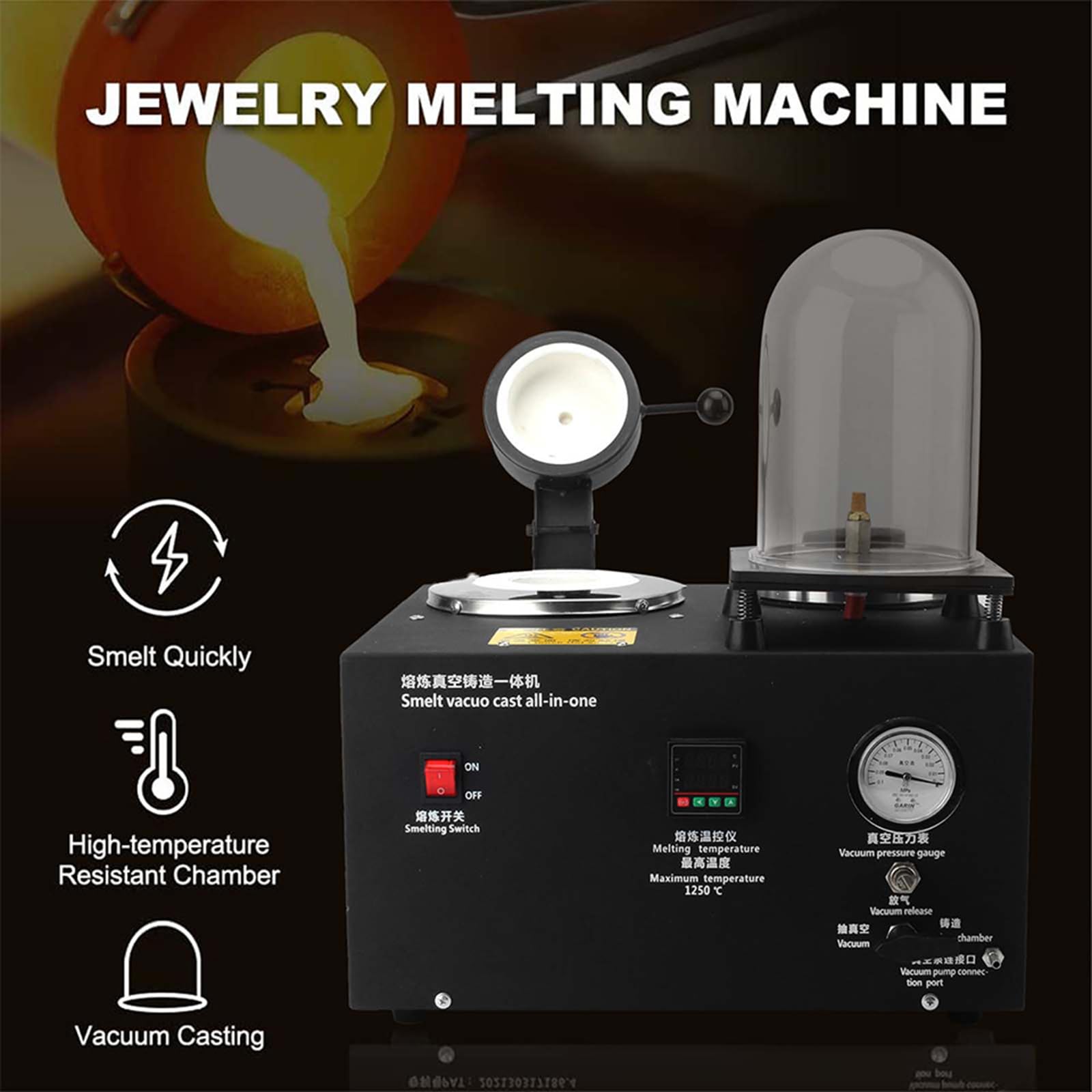 Four De Fusion d'or, Machine De Fusion sous Vide, Machine 3 en 1 De Coulée sous Vide, Affichage Numérique, Raffinage À Haute Température, pour La Fabrication De Bijoux en Aluminium Or Argent