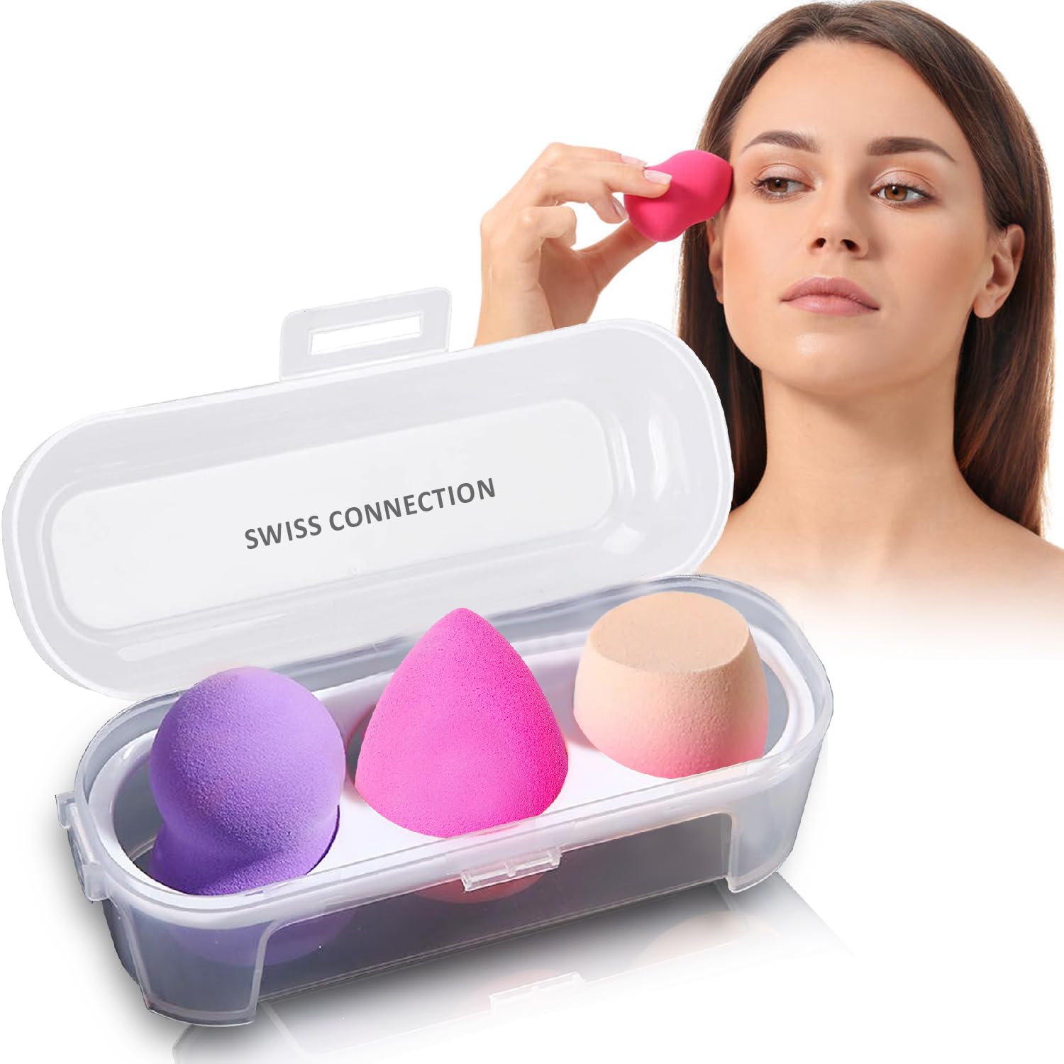 Swiss Connection Professional Beauty Blender for Face Makeup Sponges Set is suitable with Liquid & Creams | Sponge makeup is for all Skin Types & it is Soft Latex-Free Reusable & washable Multicolor 3 Pcs