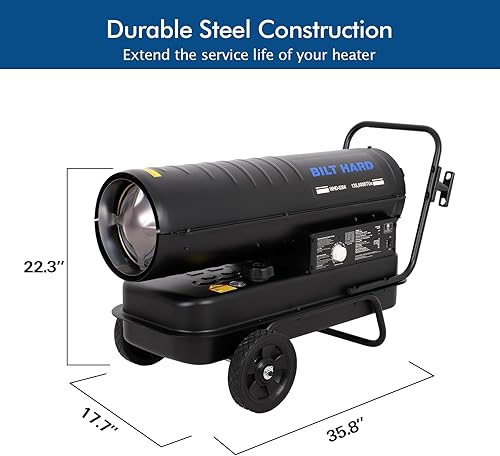 Miniatura 7 de BILT HARD Calentador diésel de queroseno de aire forzado de 135,000 BTU con ruedas, calentador portátil de torpedo con control de termostato para