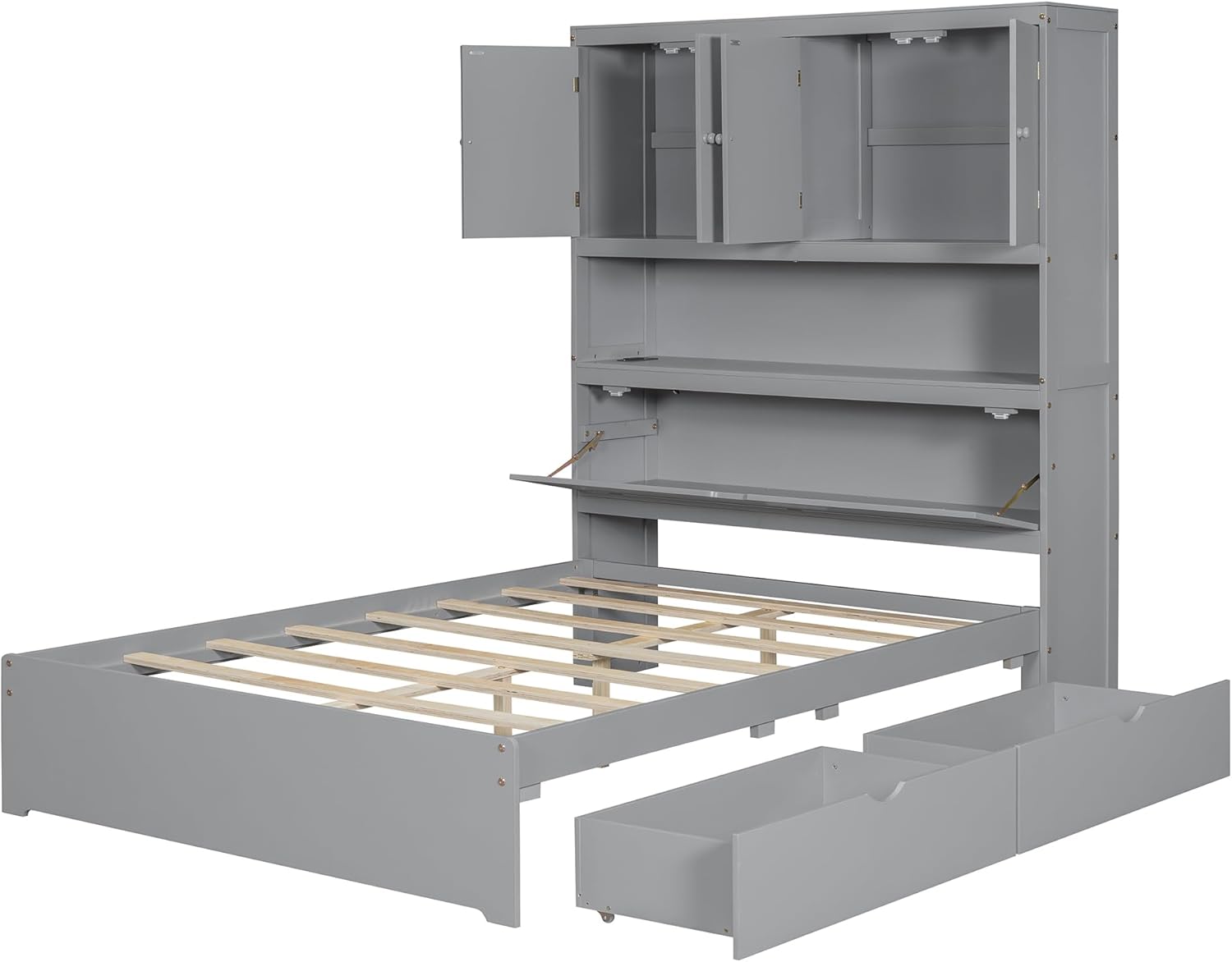 Full Size Platform Bed with Storage Headboard & Drawer, Wooden Platform Bed with Sturdy Slat Support for Kids Teens Adult Bedroom, Space Saving Design (Gray-64x)