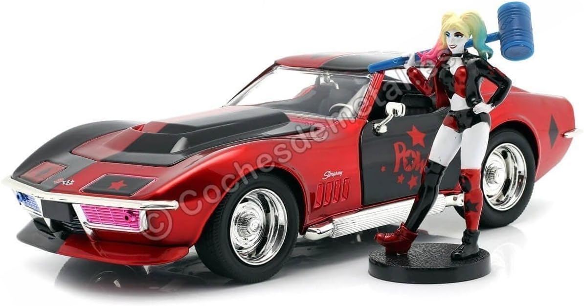 Jada DC Comics 1:24 1969 Chevy Corvette Die-cast Car with 2.75" Harley Quinn Figure, Toys for Kids and Adults
