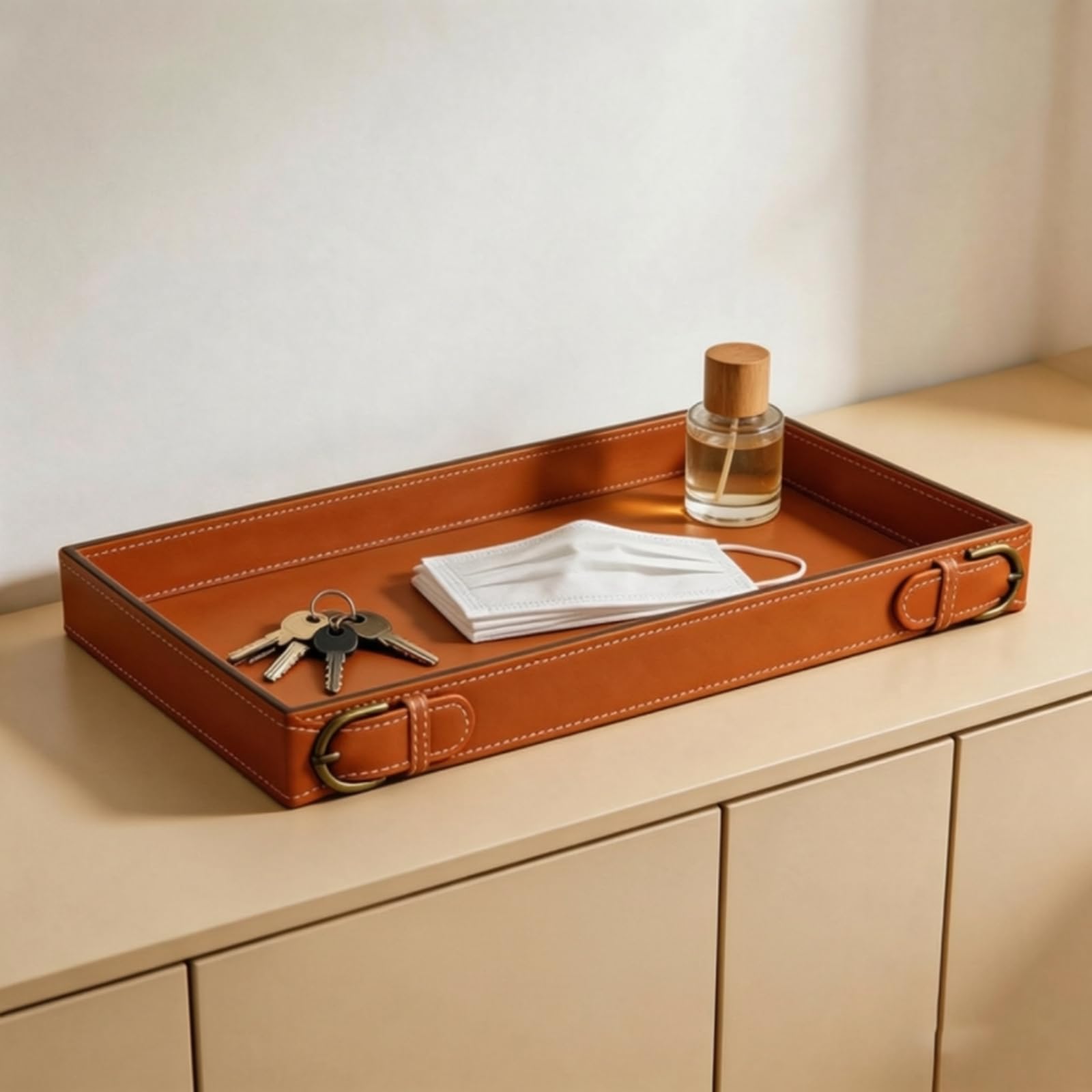 Bandeja Rectangular Bandeja Organizador Centro de Mesa Bandeja de Servicio con Exterior de Piel Sintética y Esquinas Metálicas Costuras Contrastadas y, Marrón Oscuro, 435 300 50mm