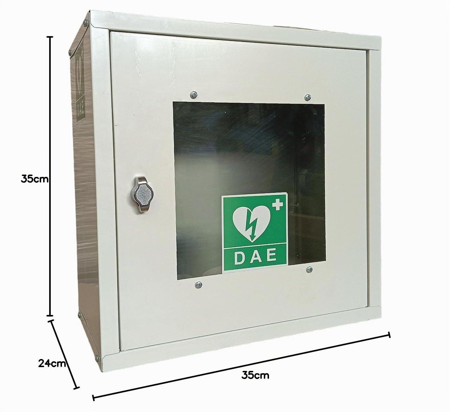Cassetta DAE - Armadietto porta defibrillatore automatico in lamiera bianca gialla o verde certificata ISO 9001:2015 (35 x 35 x 24, Bianco)