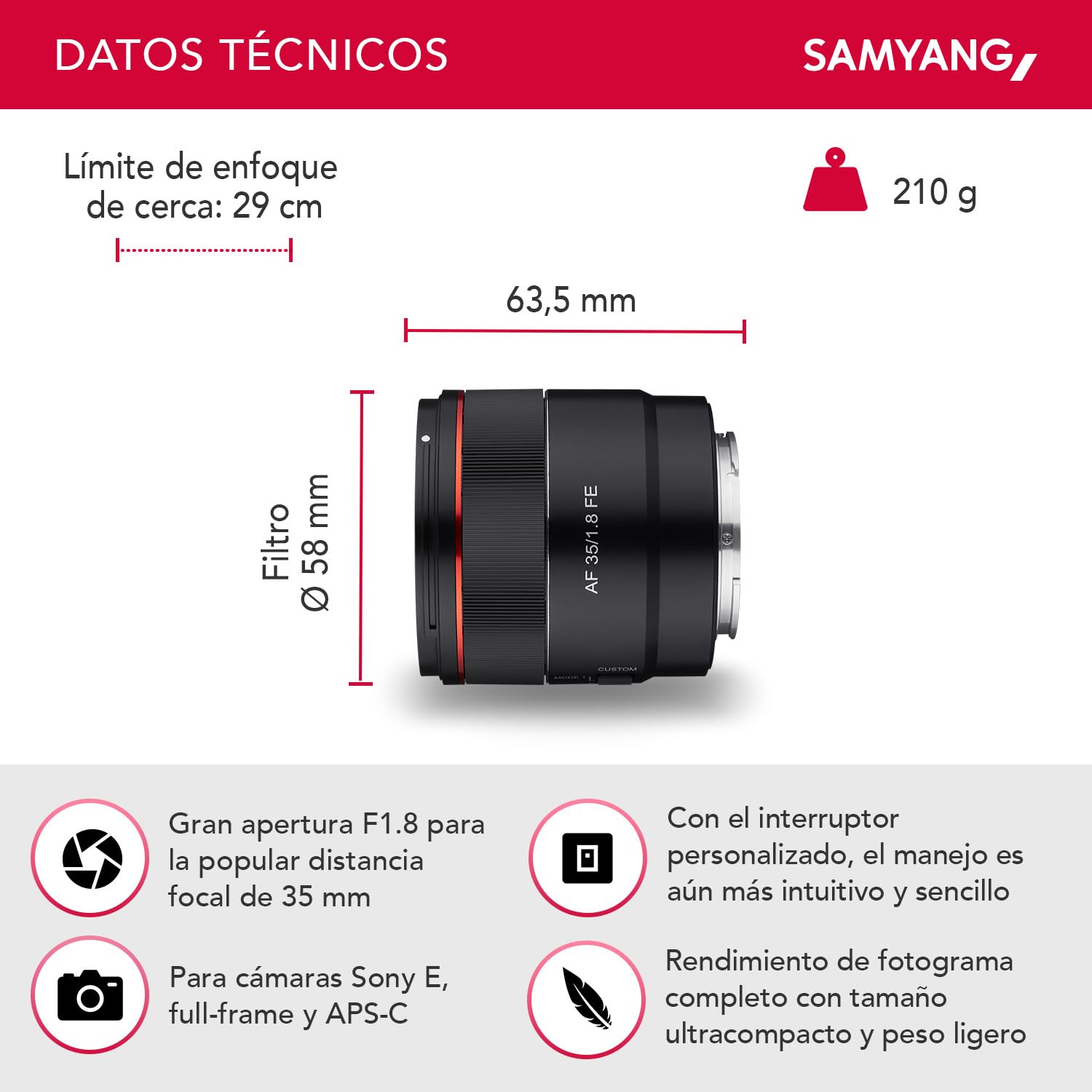 Samyang AF 35 mm F1,8 FE + estación de Lente para Sony E-Mount Full Format & APS-C I Ultra Ligero Gran Angular con Enfoque automático rápido I Distancia Focal Fija para Sony Alpha A7C, A7 III, A6100,
