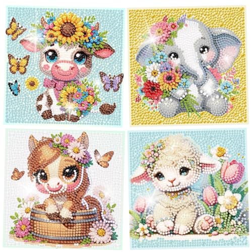 Eyezeeption Diamond Art Kits, 4 Pack Cute 5d Cartoon Animal DIY Painting, Art Gem Painting for Girls Mosaic Kits for Kids Beginner
