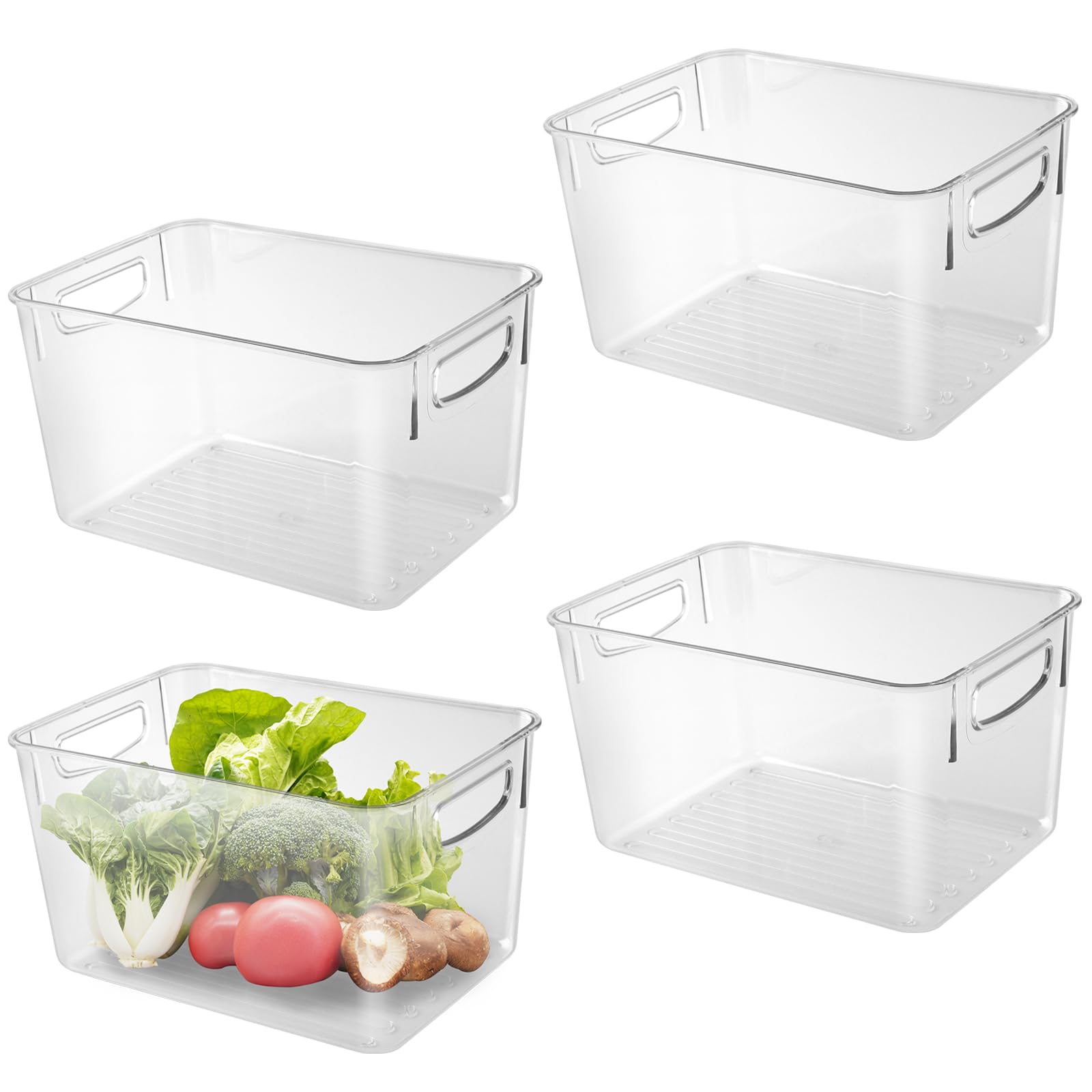 SINJEUN Set di 4 Organizer Frigorifero, Contenitori Frigo Trasparenti Impilabili con Maniglie, Salvaspazio per Cucina, Dispensa, Armadi e Bagno, Plastica Pet Senza BPA, 24,8 x 17,2 x 14 cm