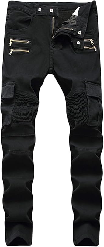 Mens Biker Zipper Deco Washed Straight Fit Jeans Skinny Fit Stretch Fashion Hip Hop Denim Jeans Pants