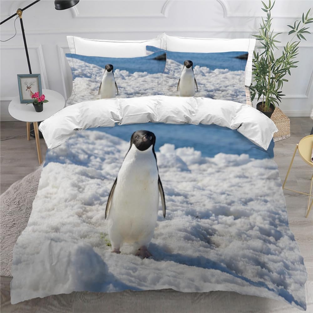 MEVASA King Bedding Set Penguin 3d Printed Girls Boys Adults Soft Microfiber Fluffy Breathable Kingsize Duvet Cover Set Antarctica Bedding King Size with 2 Pillow Cases /230x220