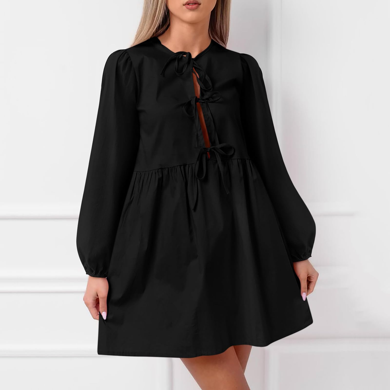Robe Mini péplum à Manches Longues Bouffantes et nœud Papillon sur Le Devant pour Femme, Robes d'automne,Robe Courte à Volants en Ligne A, Robe Tunique Fluide Mignonne (Black,L)
