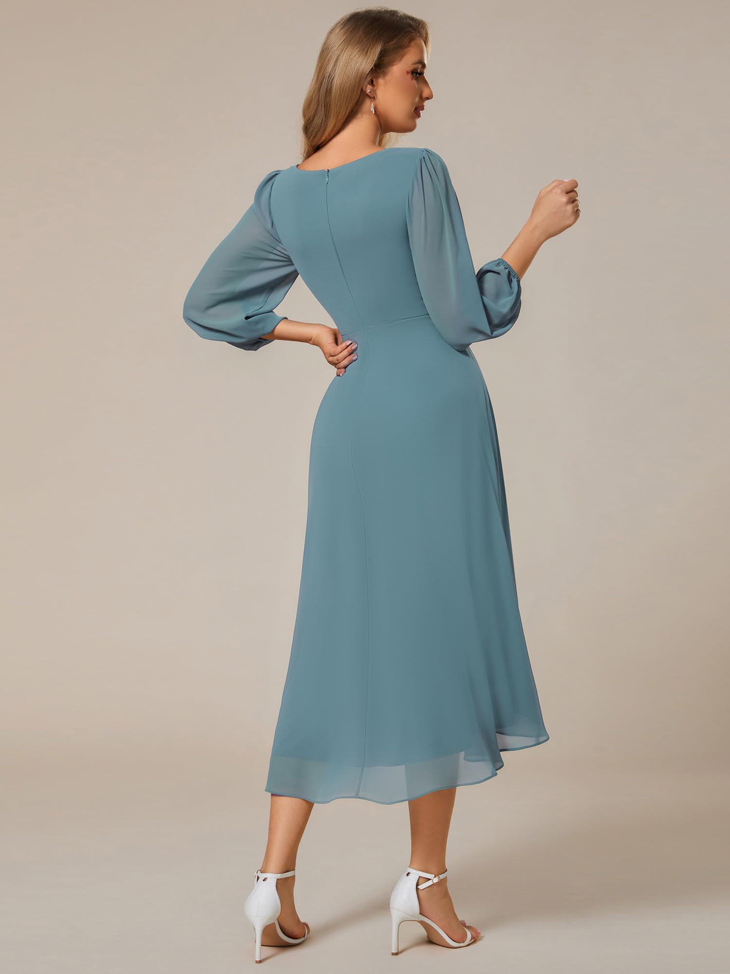 Ever-Pretty Vestito Elegante Donna Cerimonia Manica Lunga Collo a V Gonna Midi EG01926