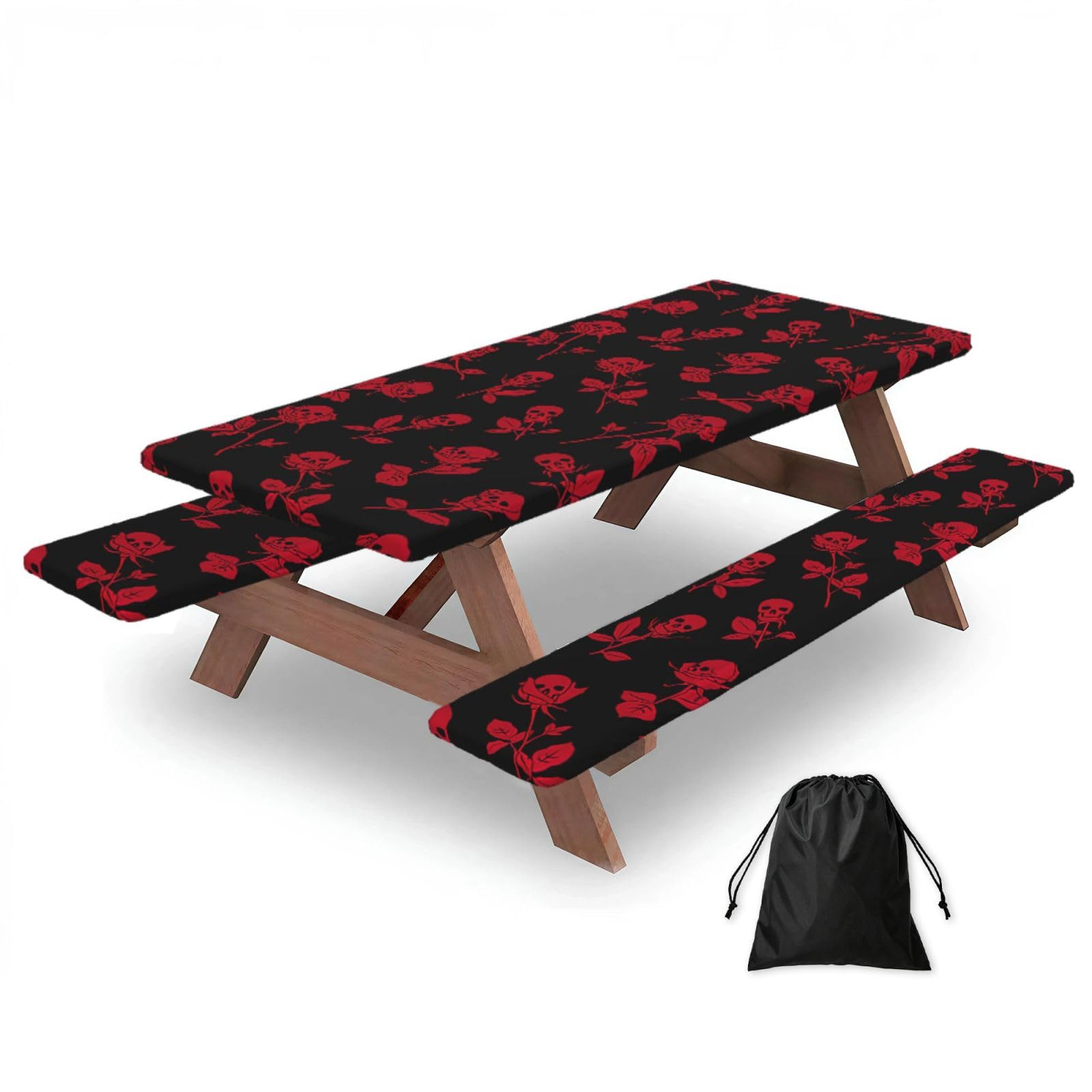 Yqxwjl Black Skull Rose Print Camping Essentials Waterproof Camping Table And Bench Cover With Drawstring Bag 183 Cm