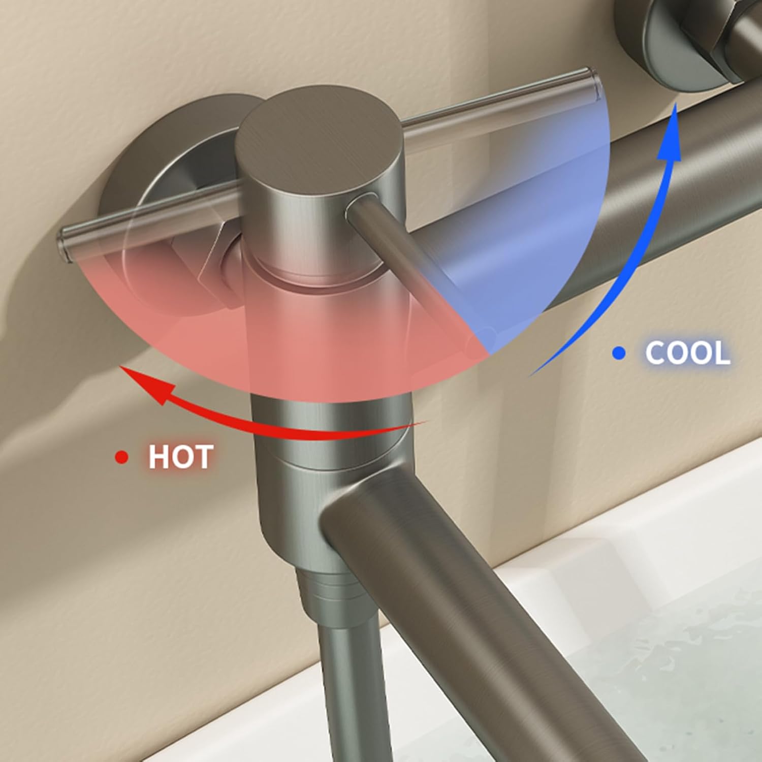 ローズゴールド壁掛けバスシャワーミキサータップ 90&deg;回転シングルレバー蛇口 シャワーヘッド＆ホースセット付き 高級バスルームアクセ