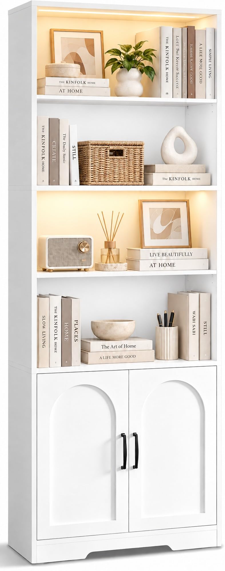 IRONCK 190cm Bücherregal Bücherschrank mit LED-Beleuchtung & Türen, weiß