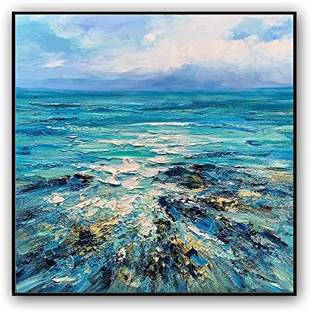 TANG XIAO XING Impression hand-painted ocean wave oil painting living room porch art painting (24”*24“（61 * 61cm), Aluminum alloy black frame