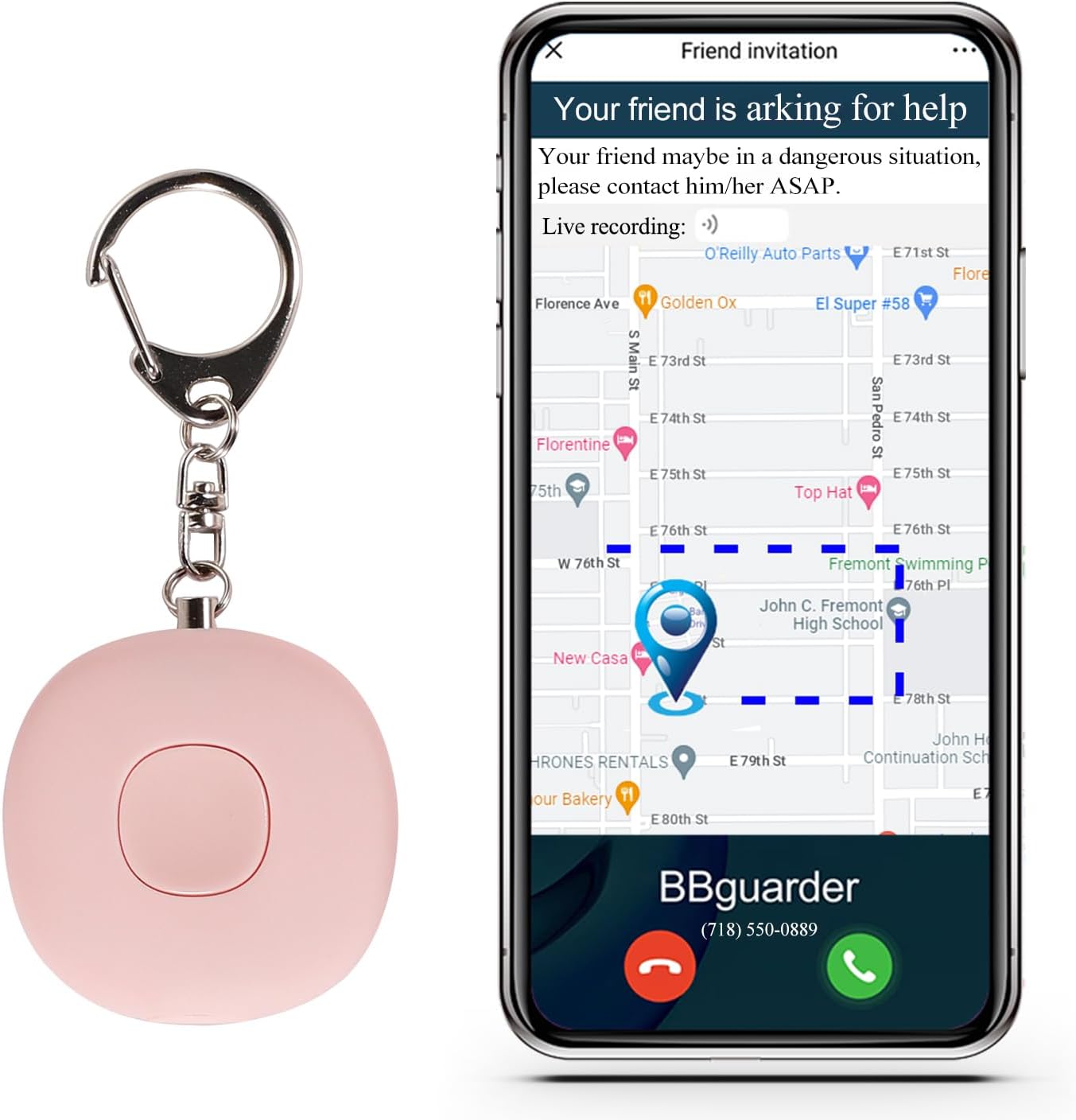 5-in-1 Good Private Security Alarm, E mail, Emergency Alert by E mail, Texts and Telephone Name with GPS Location, Self Protection Keychain for Ladies Women, Bluetooth Key Finder, Telephone Anti Misplaced Alarm Pink