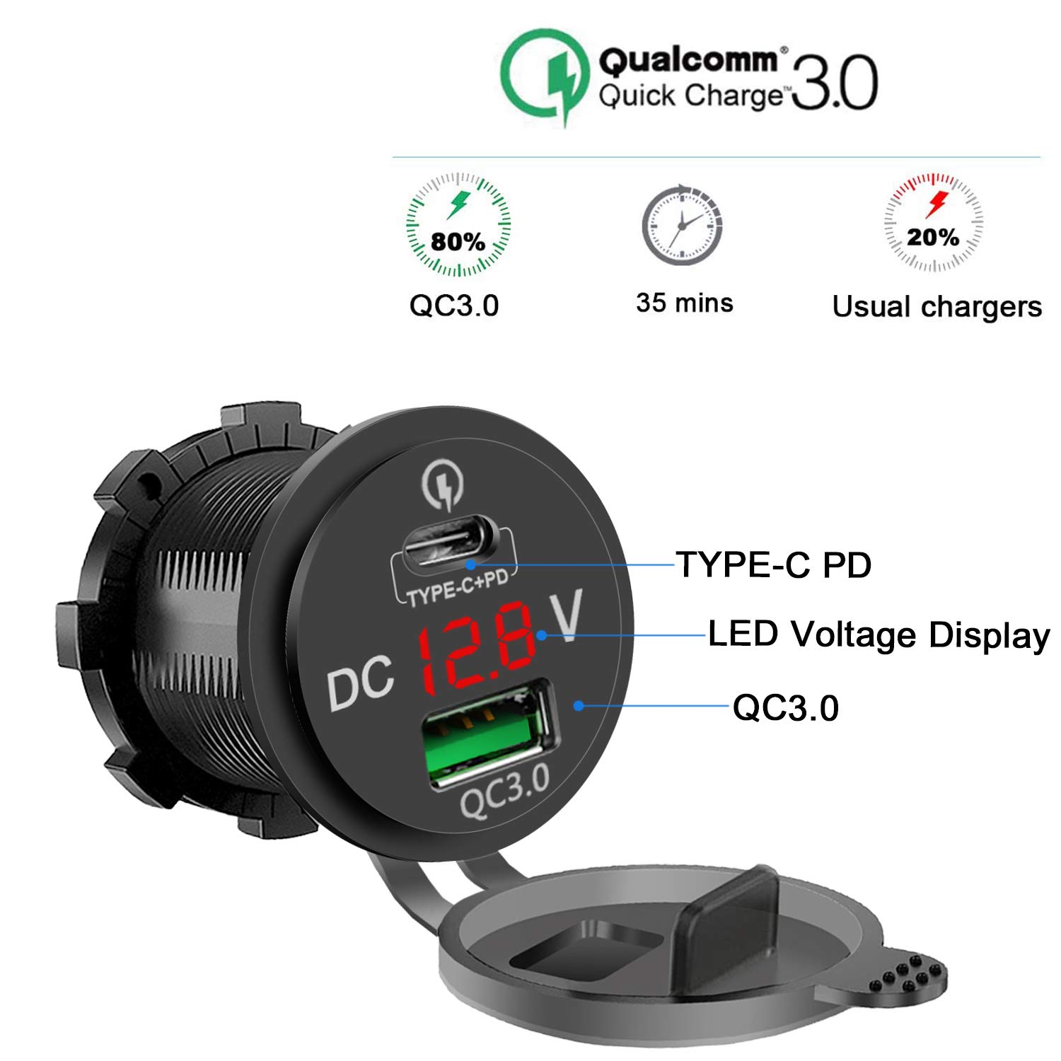 Chargeur Double USB QC3.0 12V/24V Pour Voiture/moto - étanche IP66, Voltmètre LED, Fil 60cm Avec Fusible - 8