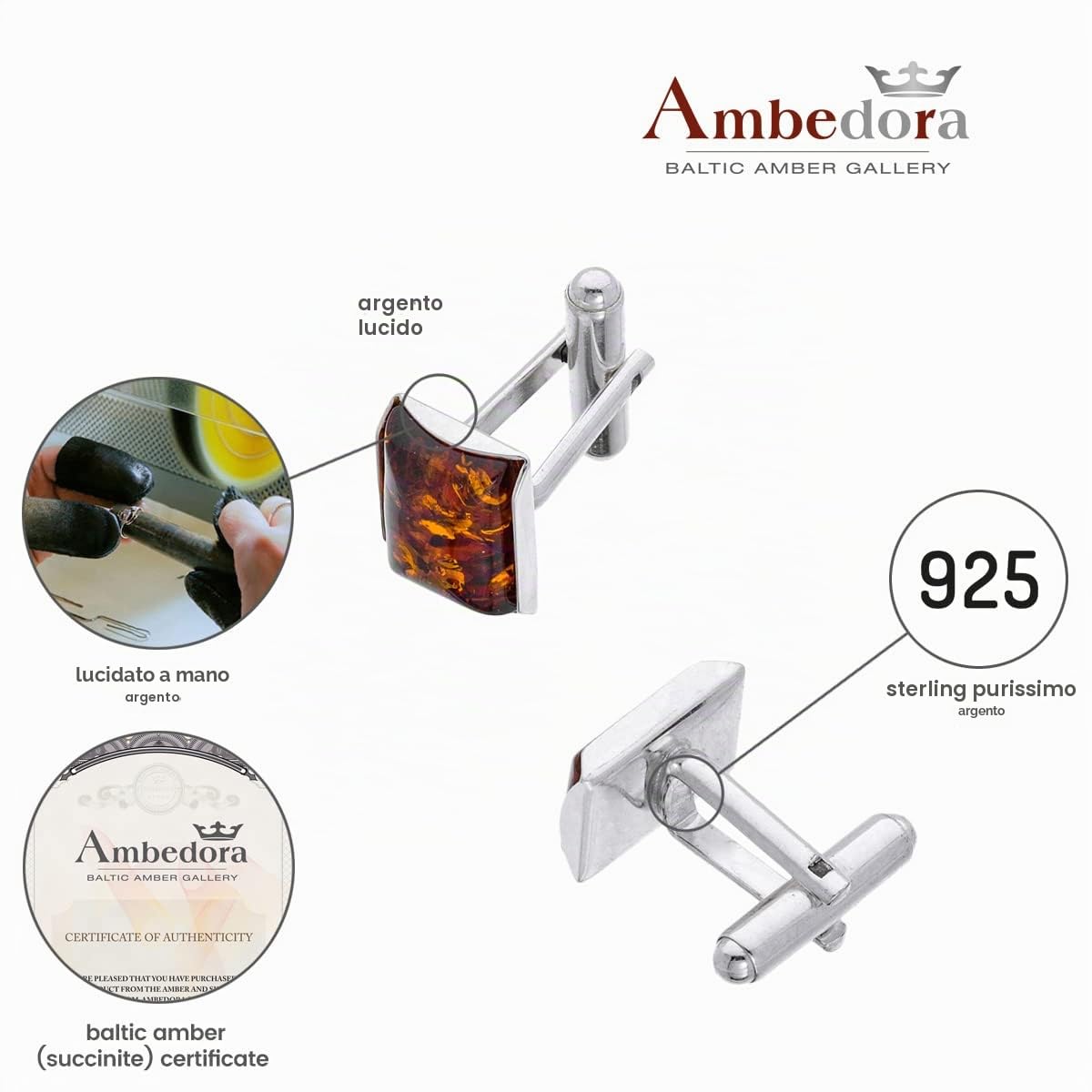 Gemelli da Uomo in Argento Maldive con Ambra, Argento Sterling Lucido, Ambra Baltica Rettangolare Moderna, Set Regalo